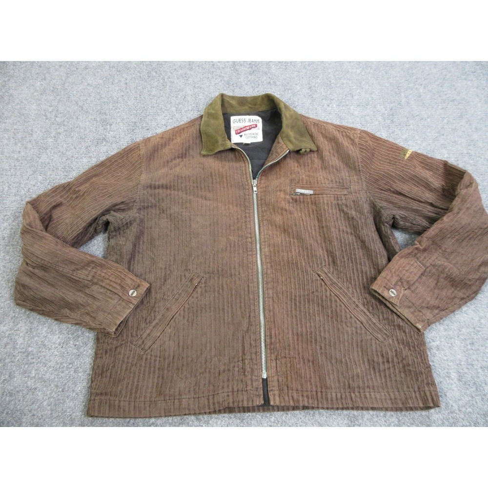 Vintage Guess Jeans Jacket Mens XL Brown Corduroy Bomber Hong Kong Lined